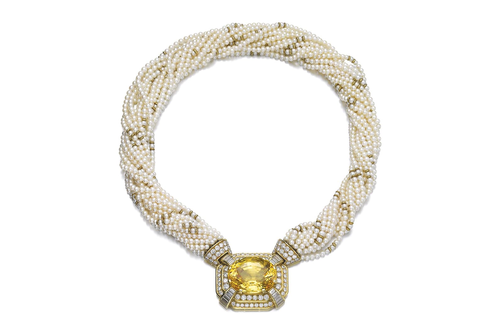  A Bulgari torsade necklace with yellow sapphires, seed pearls and diamonds