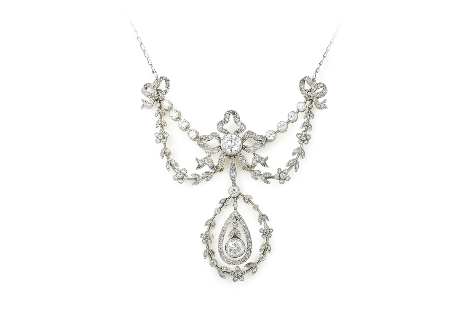  An antique Edwardian diamond festoon necklace with 'swags' or 'drapes' of diamond garlands, sold by Bentley & Skinner