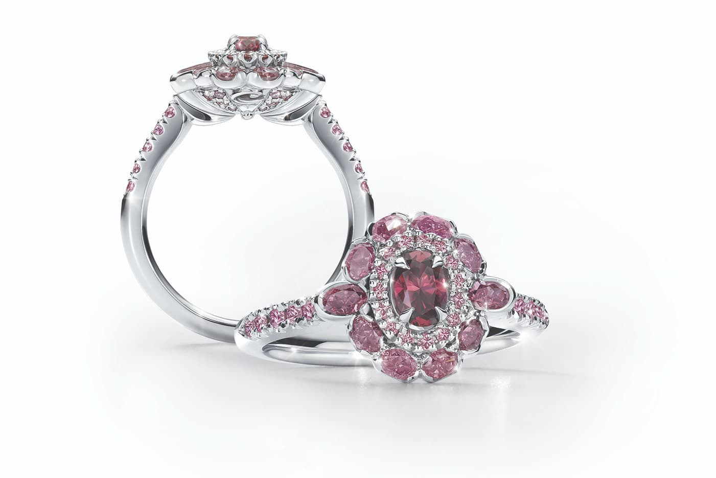 The Calleija Carmine Argyle diamond ring with a 0.31 carat Argyle red diamond, one of only 32 ever to be unearthed in the history of the Argyle Diamond Mine, surrounded by a double halo of pink diamonds