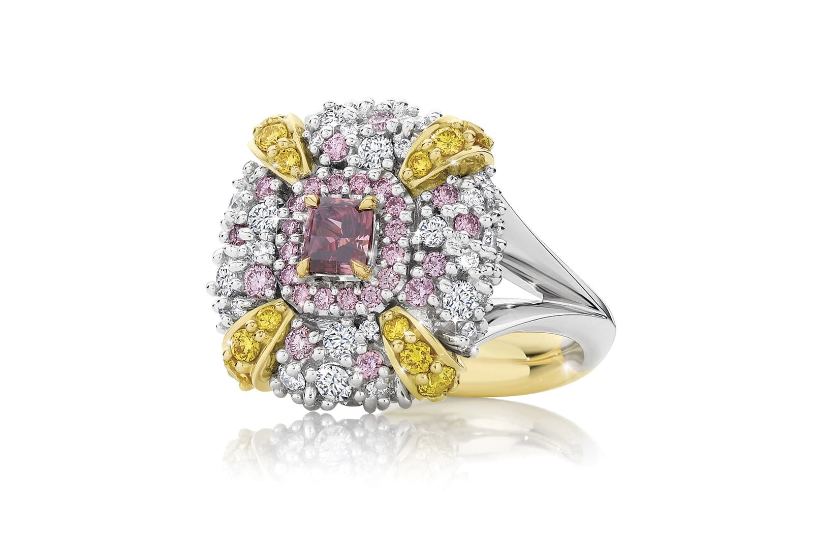  The Calleija Kimberley Sunset ring with a 0.34 carat Argyle red diamond surrounded by pink, yellow and white diamonds