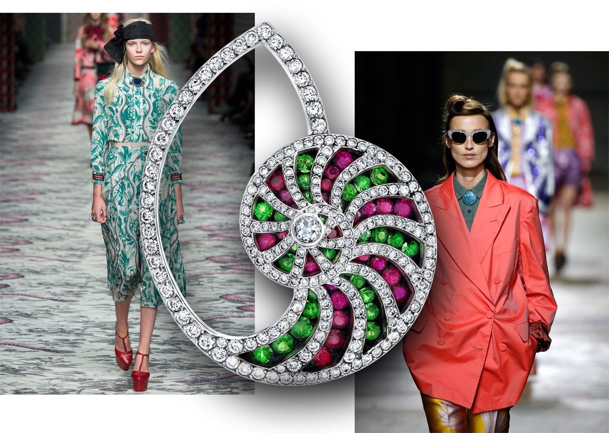 Gucci catwalk, Martin Katz Nautilus brooch with tsavorites and rubies, Dries Van Noten catwalk 