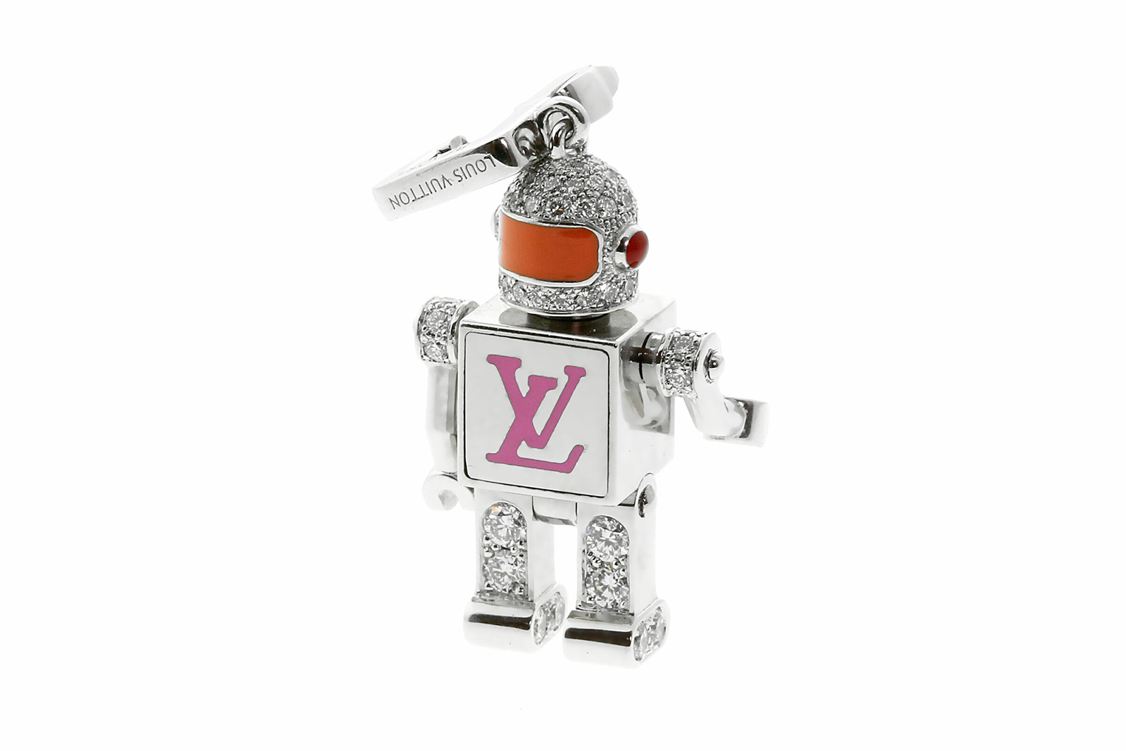 Louis Vuitton Robot pendant charm in white gold with diamonds and enamel detail 