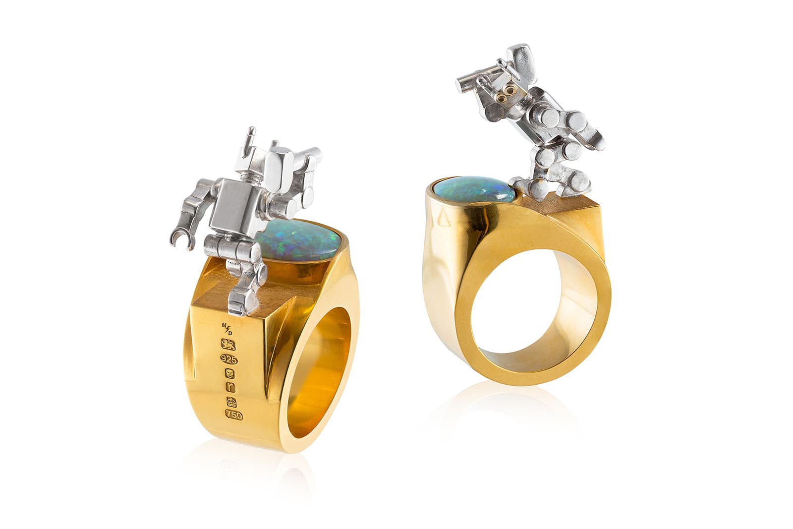  Max Danger 'The Robot and the Unlucky Stone' rings in yellow gold, gold-plated silver and opal. Photo credit: Julia Skupny