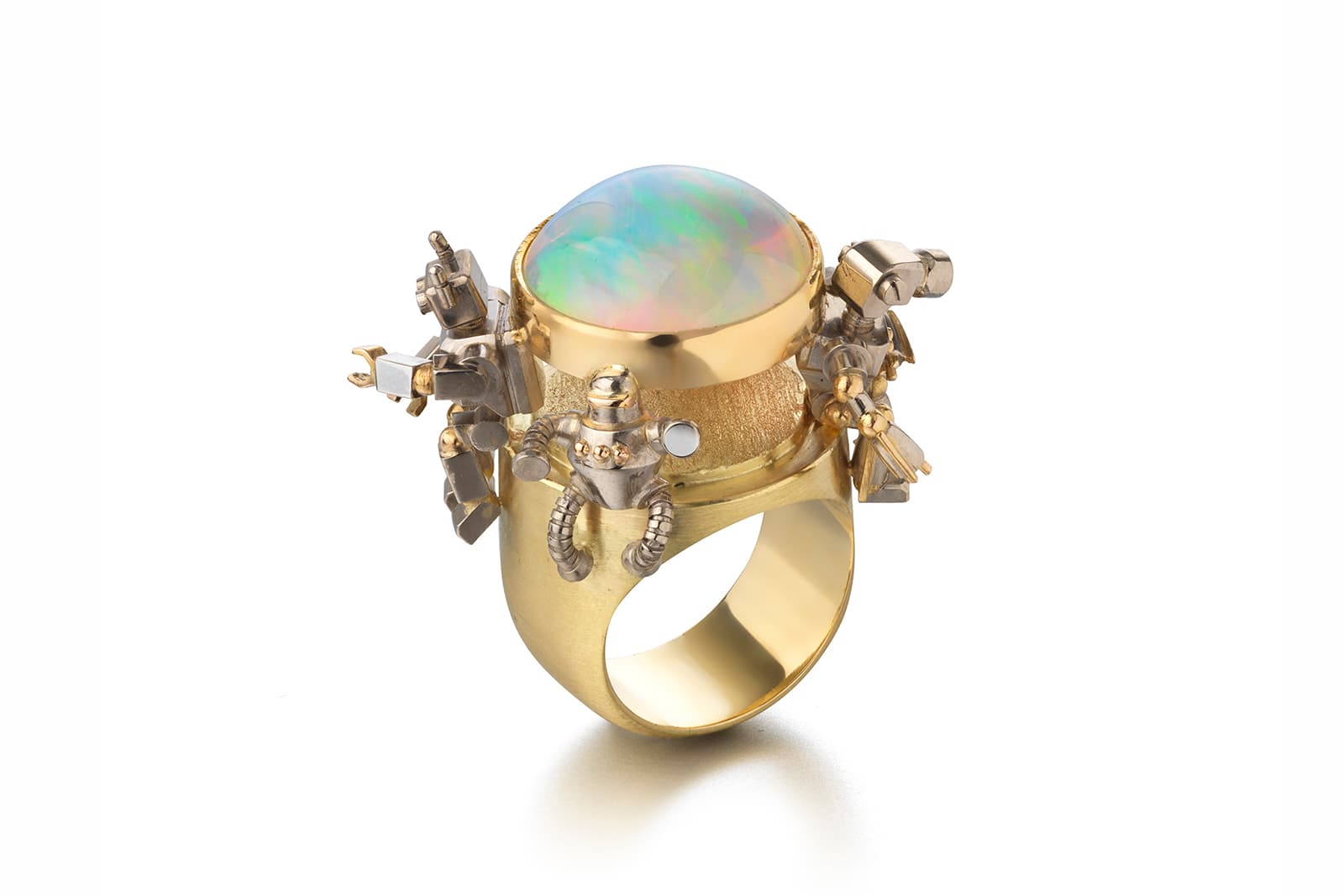  The Max Danger 'Weight of the World on our Shoulders' ring is crafted from 102 different pieces in yellow, white and rose gold with a 12 carat opal centre stone. Photo credit: Goldsmiths Fair