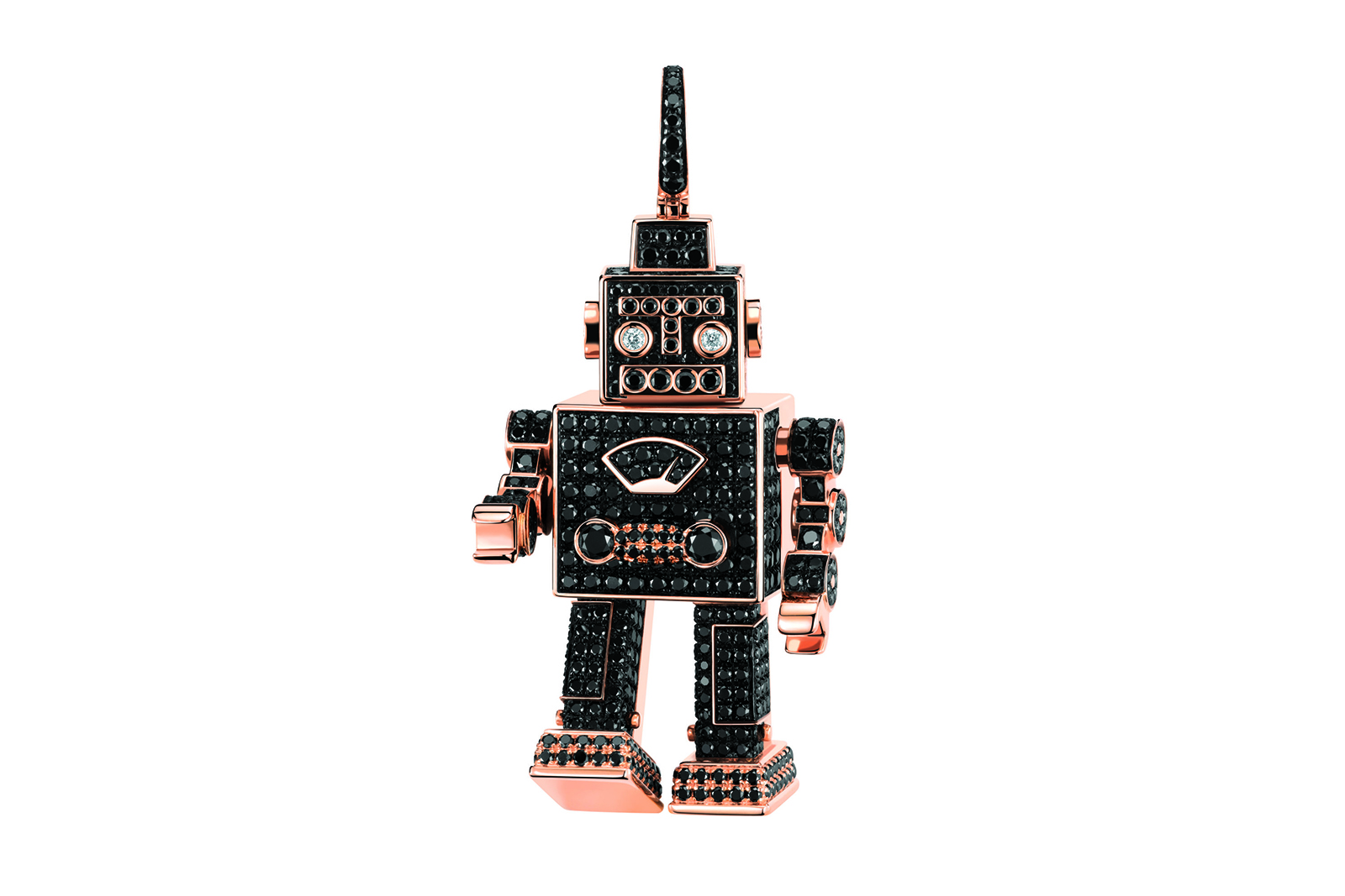  Queelin Roobot pendant with black and white diamonds in rose gold 