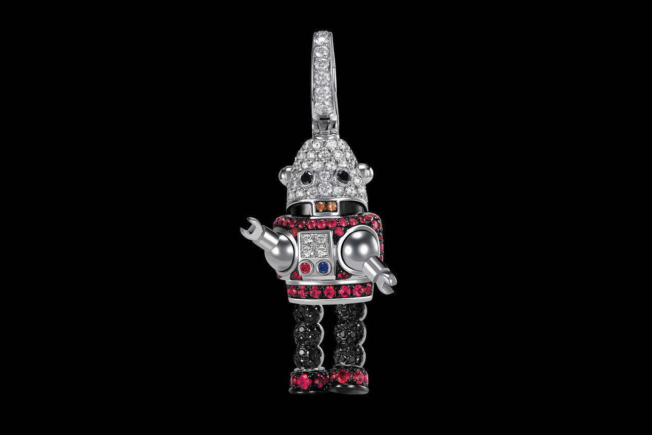  Queelin Roobot pendant with white diamonds, black diamonds, rubies and sapphires in white gold