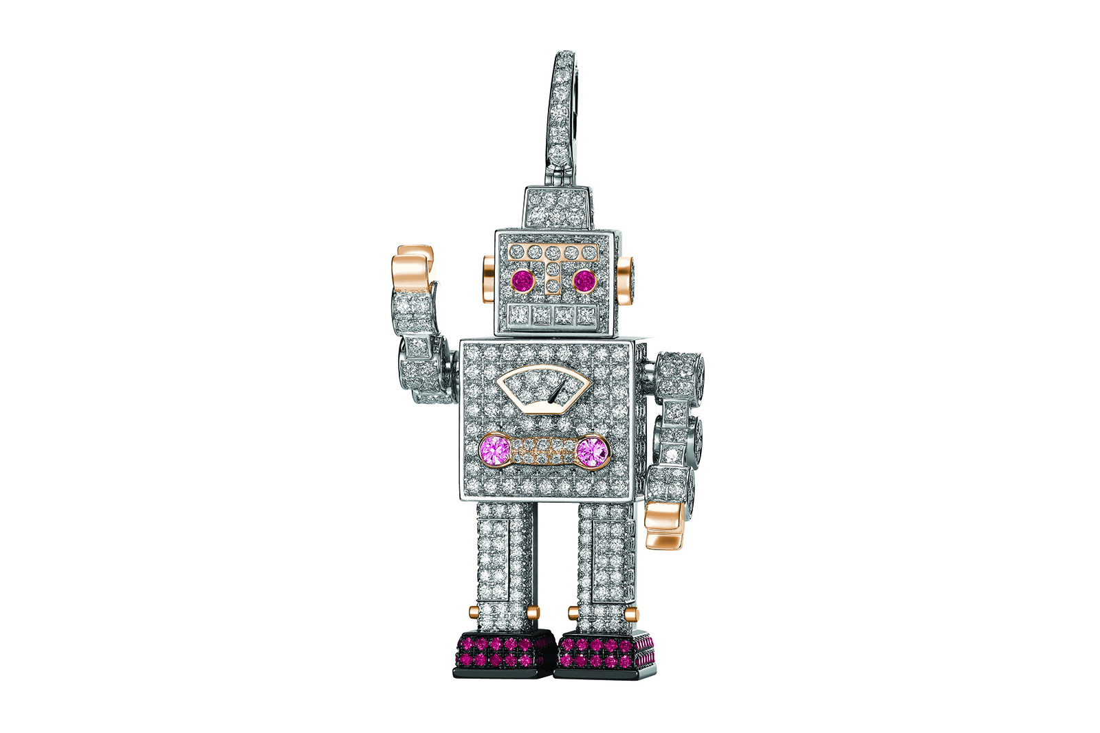  Queelin Roobot pendant with diamonds, pink sapphires and rubies in white gold 