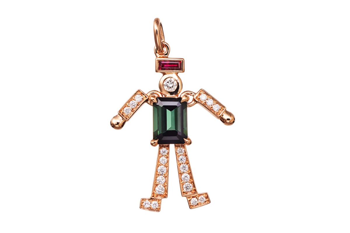 AENEA Jumping Jack charm pendant in rose gold with green tourmaline, white diamonds and ruby