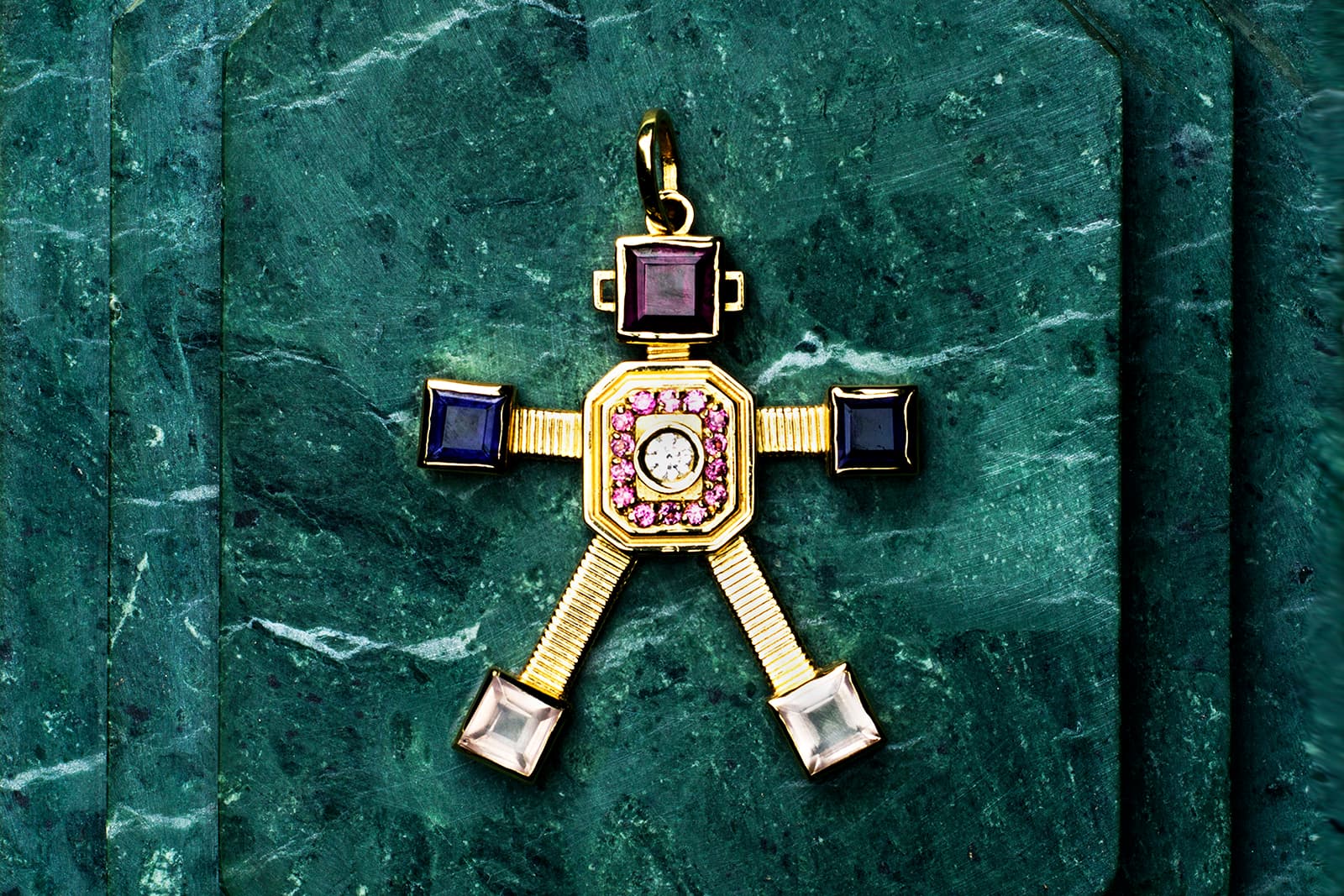 VAN Jewellery Pinky Robot pendant with diamonds, rhodolite garnet, iolite and rose quartz
