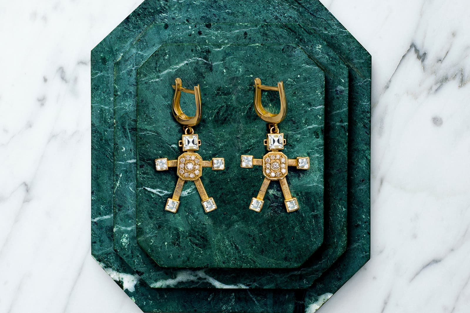  Van Jewellery Robot earrings with diamonds and aquamarine in yellow gold, created by Tatiana Van Lancker