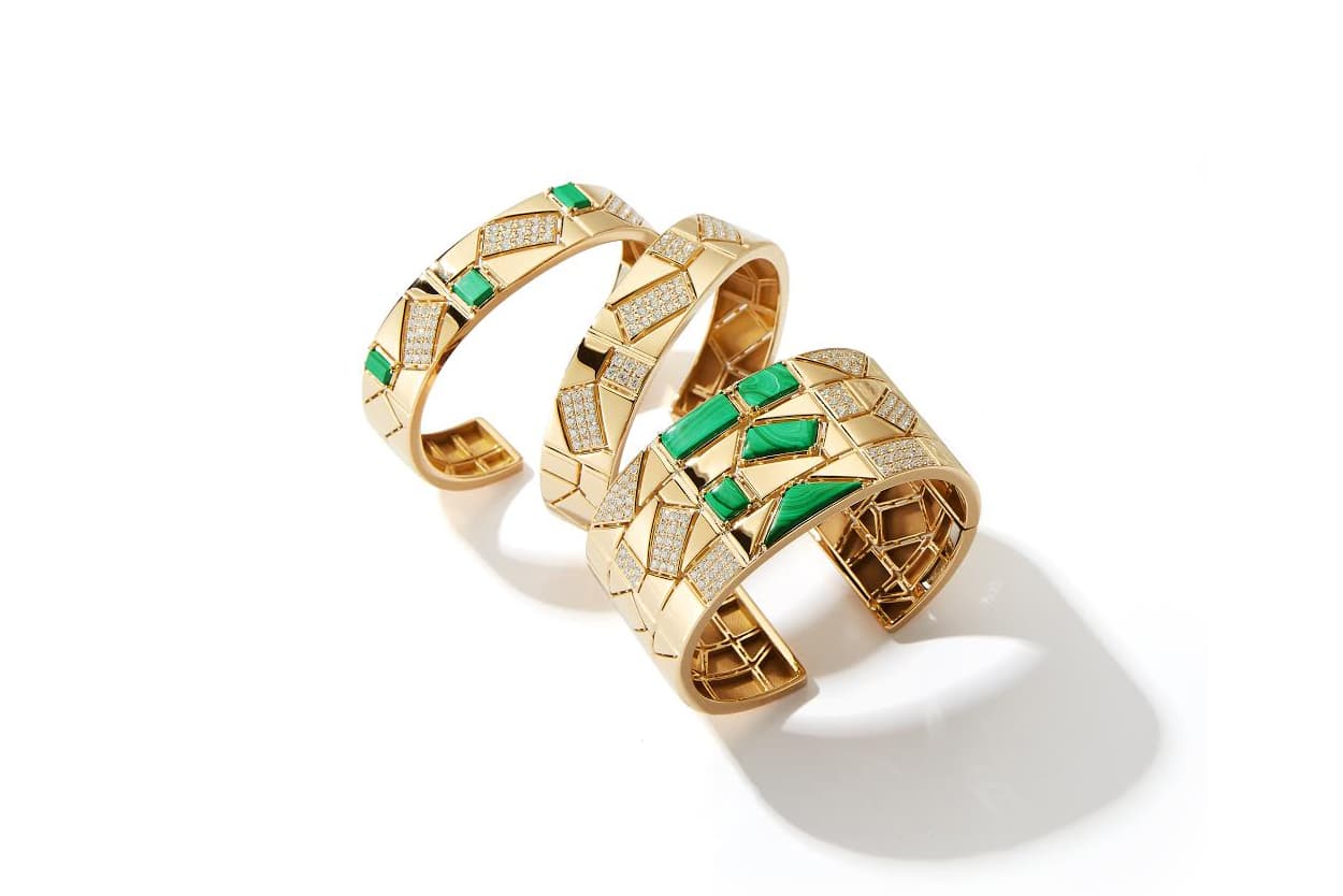 Miseno Baia cuff bracelets in yellow gold, malachite and diamonds