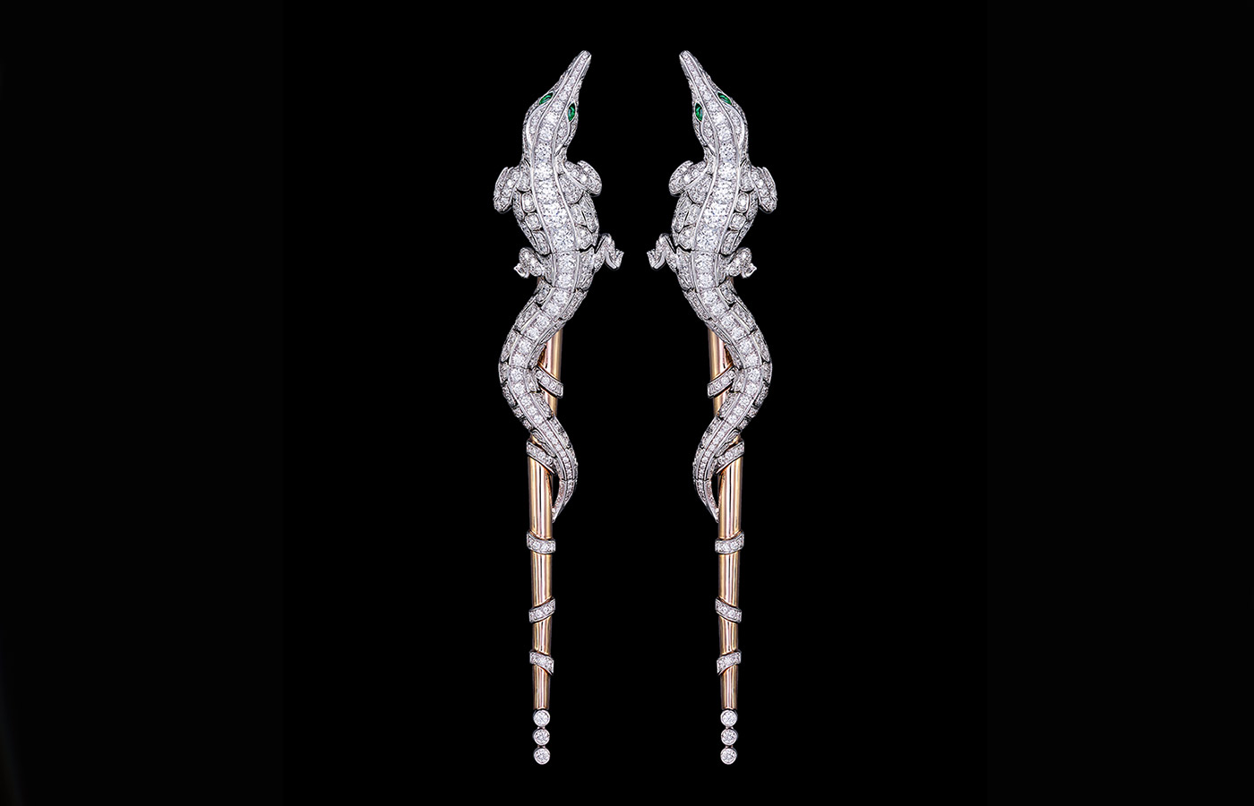  ORLOV Croco Dream Crocodile Diamond earrings with Colombian emeralds in white and pink gold 