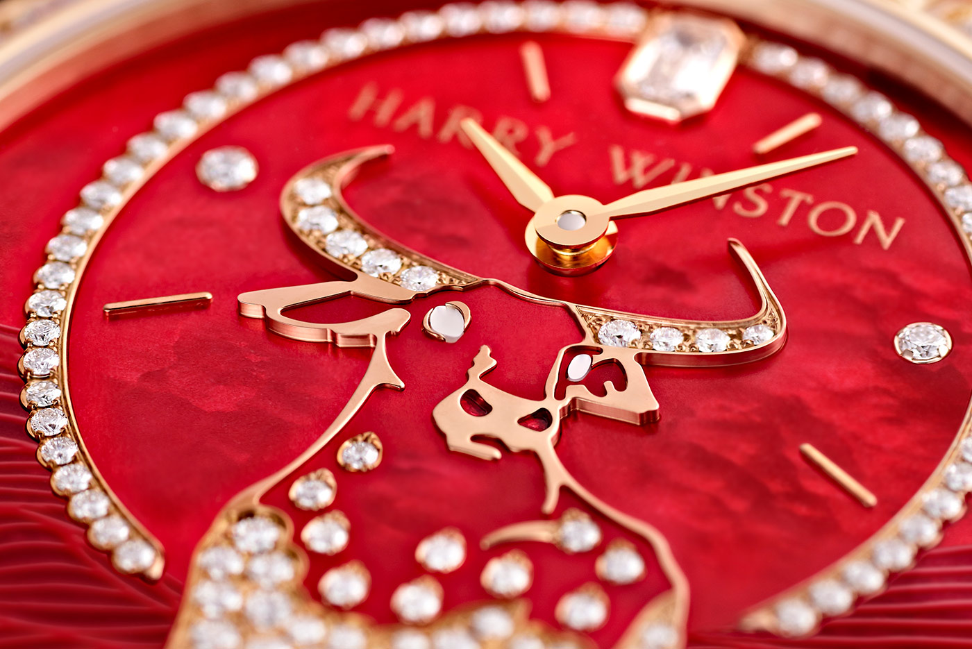 HW Harry Winston Premier Chinese New Year Ox Automatic timepiece with a red mother of pearl diamond and diamonds 