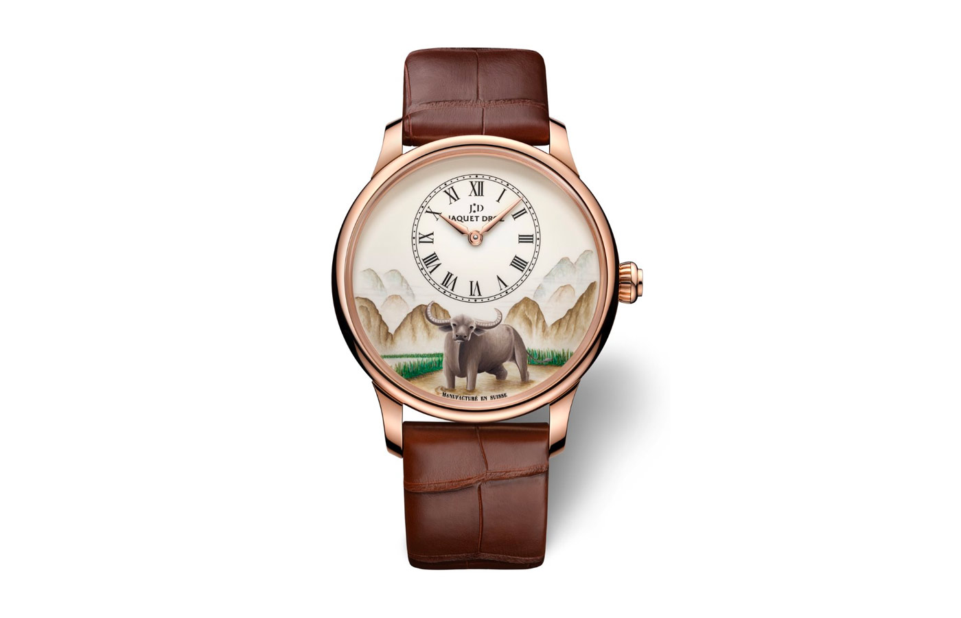 Jaquet Droz Petite Heure Minute Buffalo watch with a hand-painted scene on a white grand feu enamel dial