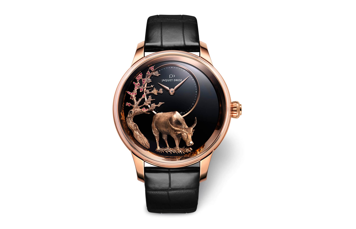  Jaquet Droz Petite Heure Minute Buffalo watch with an ox engraved in gold relief against a black onyx dial