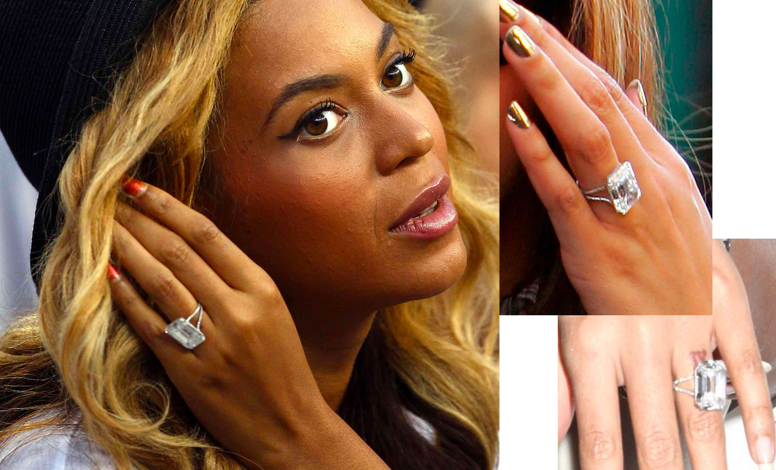  Beyoncé wears a 24 carat emerald-cut diamond engagement ring with a platinum split shank created by Lorraine Schwartz