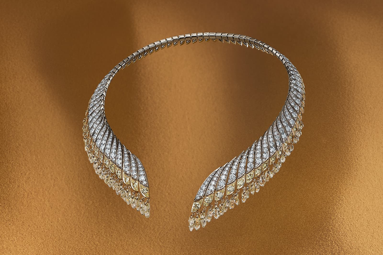 De Beers Reflections of Nature Namib Wonder necklace with a fringe of rough yellow diamonds