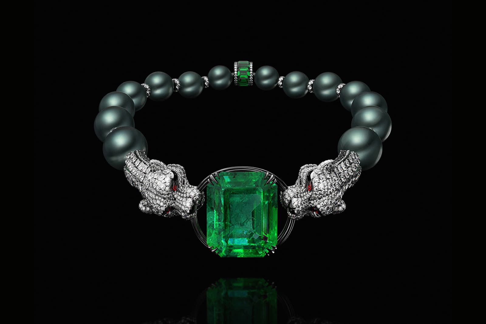 Ming Song Haute Joaillerie Le Lion Blanc necklace with a 102 carat Colombian emerald and Tahitian pearls