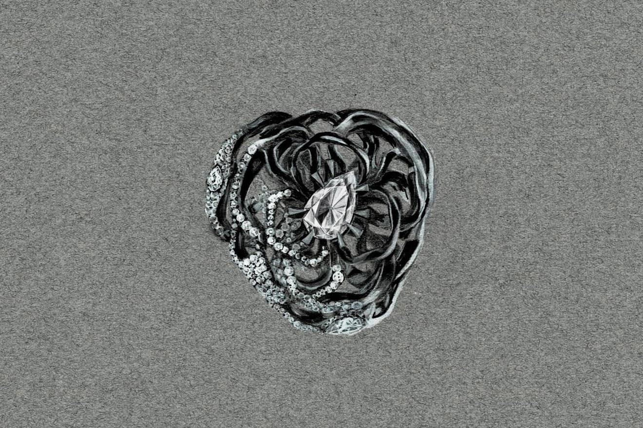 The Ming Song Haute Joaillerie Forbidden Flower IV ring contains 6.7 carats of pear, round and square diamonds