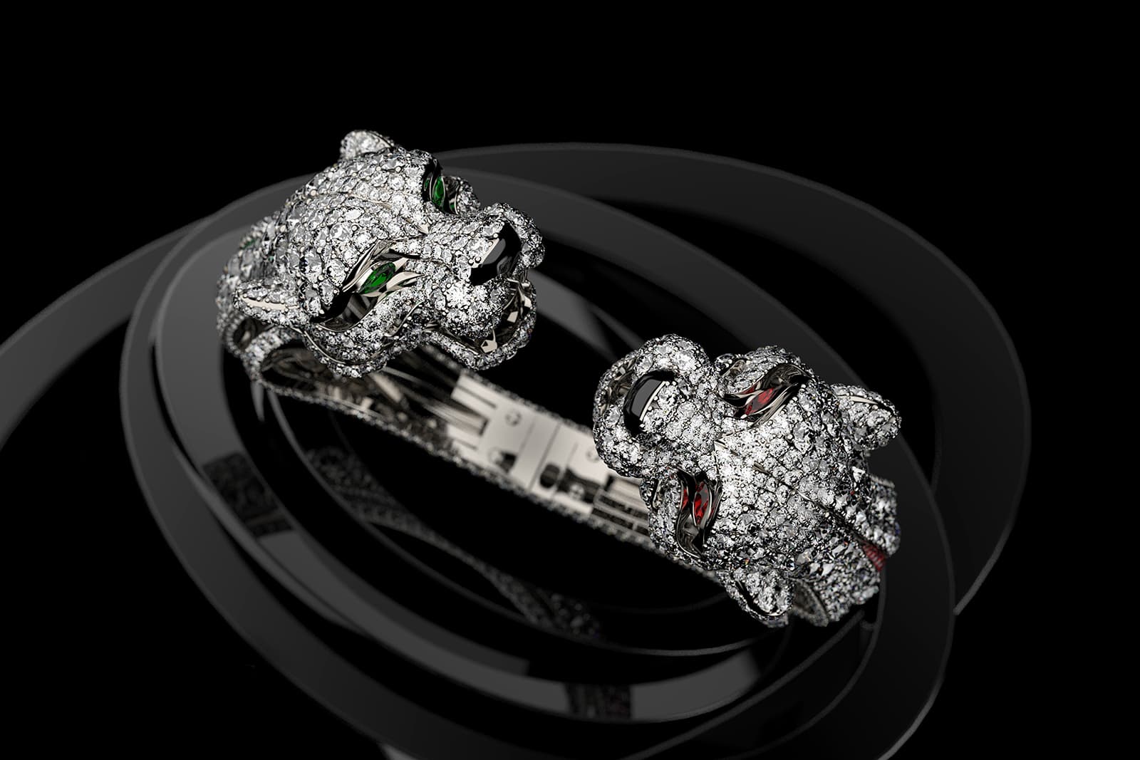 Ming Song Haute Joaillerie Le Lion Blanc bangle with diamonds, emeralds and rubies