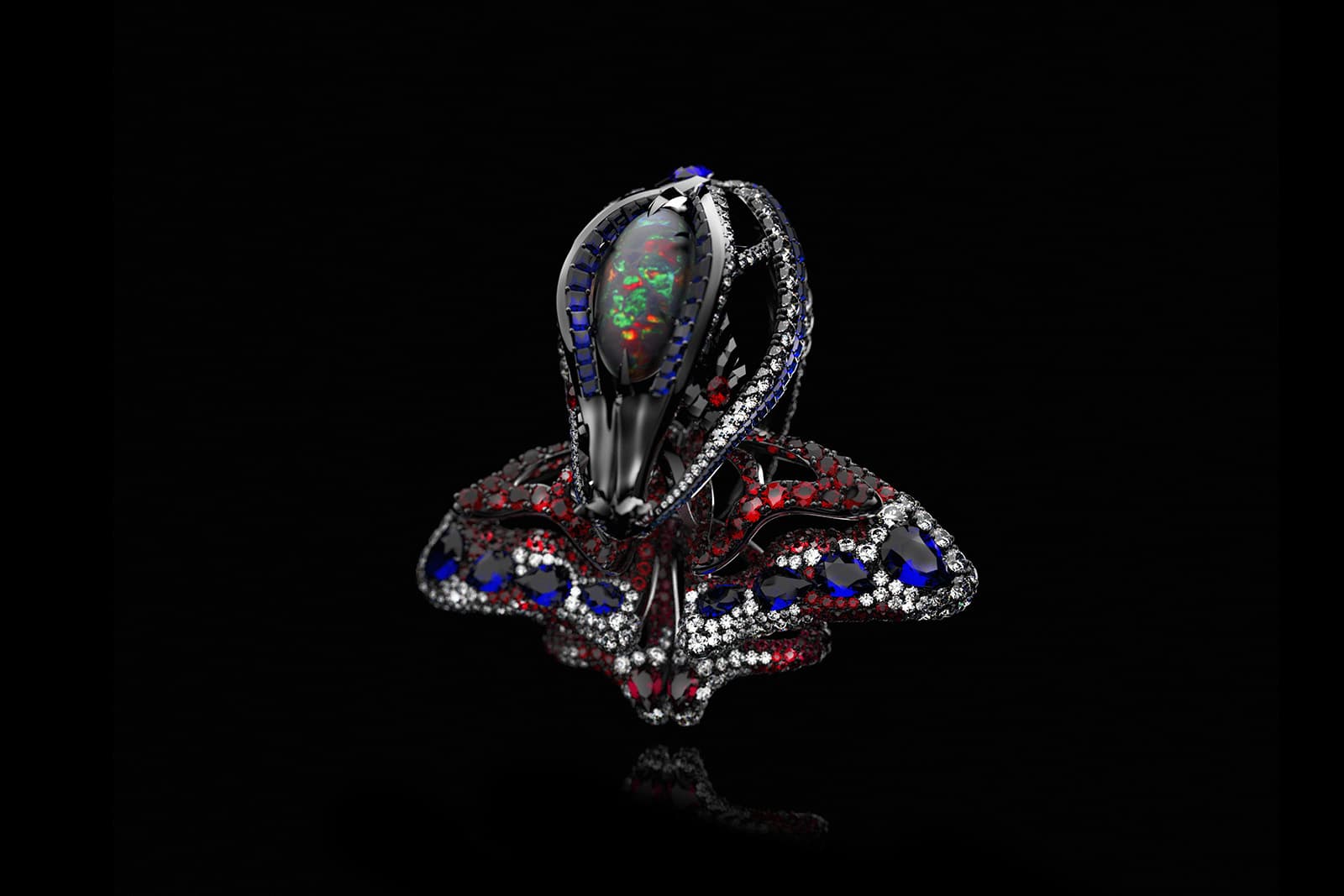  Ming Song Haute Joaillerie Le Proie du Serpent brooch with sapphires, emeralds and rubies in black gold 