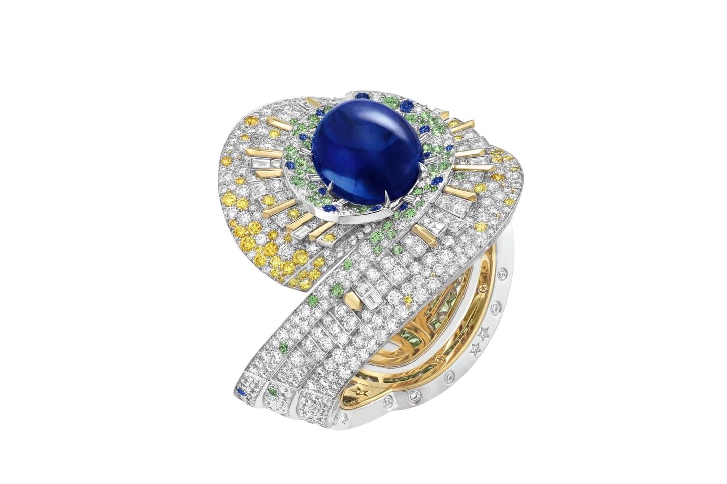  The Van Cleef & Arpels Sentier d’étoiles bracelet with a 69.23 carat Sri Lankan blue sapphire cabochon, diamonds, yellow sapphires and tsavorites from the Sous les Étoiles High Jewellery collection