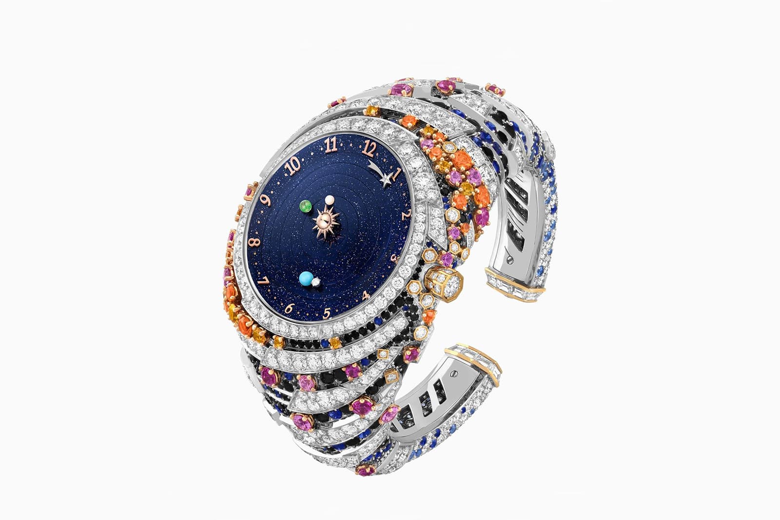 Van Cleef & Arpels Planétarium timepiece with sapphires, spessartite garnet, black spinel, aventurine, mother of pearl, diamonds, turquoise and enamel