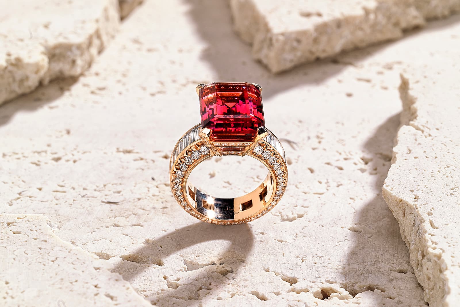 Jochen Leën rubellite tourmaline ring with fancy-cut and round brilliant diamonds