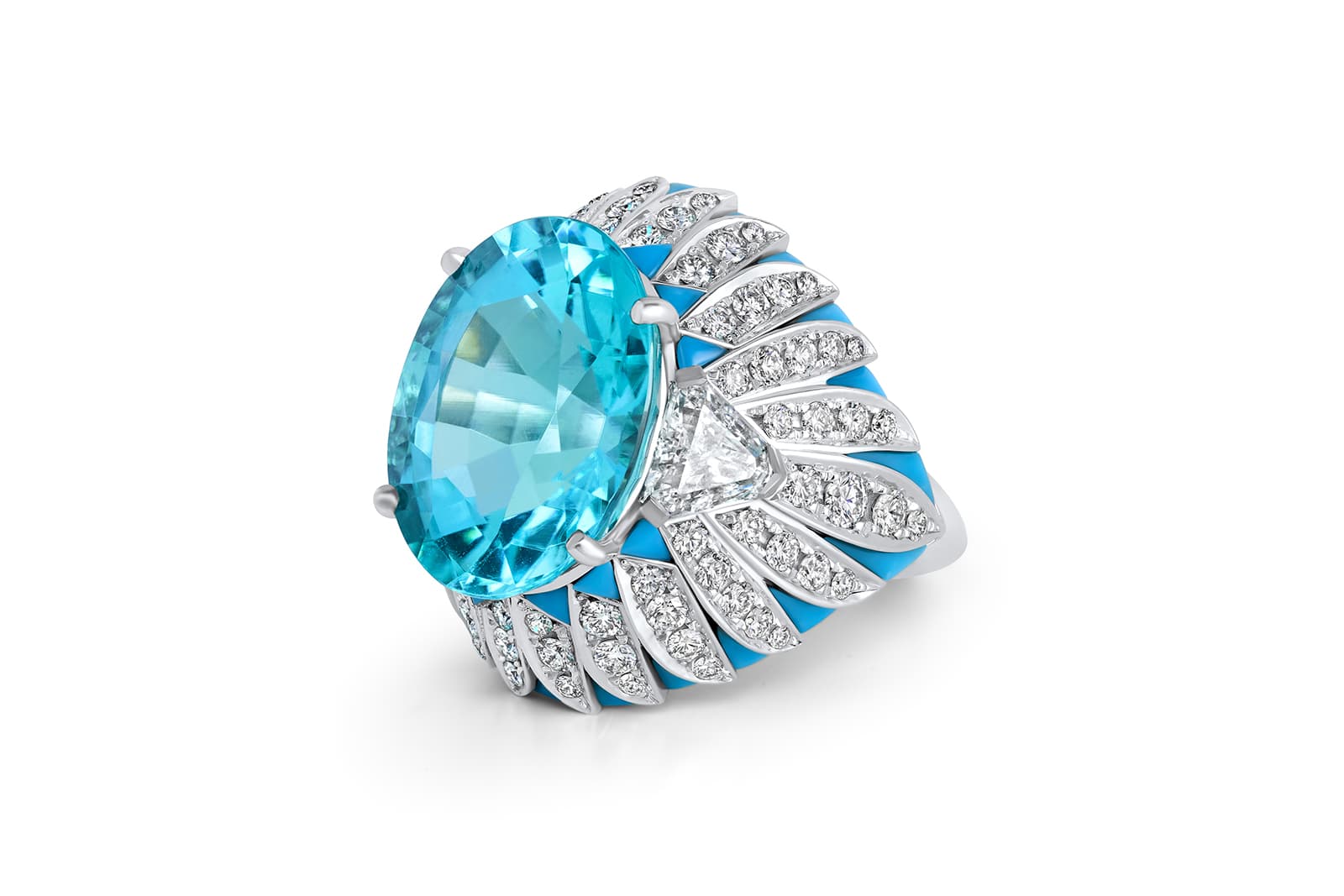 David Morris Azure cocktail ring from the Renaissance High Jewellery collection with a 16 carat Paraiba tourmaline, 20 carats of turquoise, and two carats of diamonds in white gold