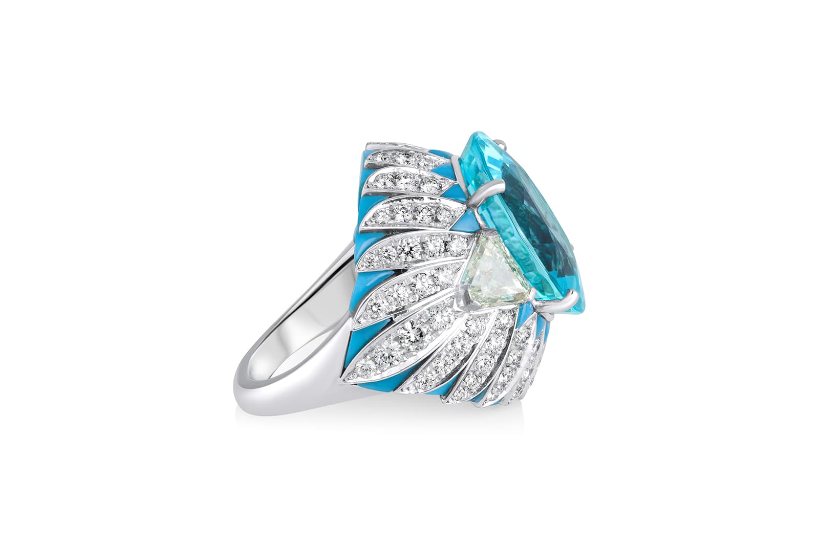  The Azure cocktail ring from the David Morris Renaissance High Jewellery collection contains round and triangular-cut diamonds, turquoise inlay and Paraiba tourmaline