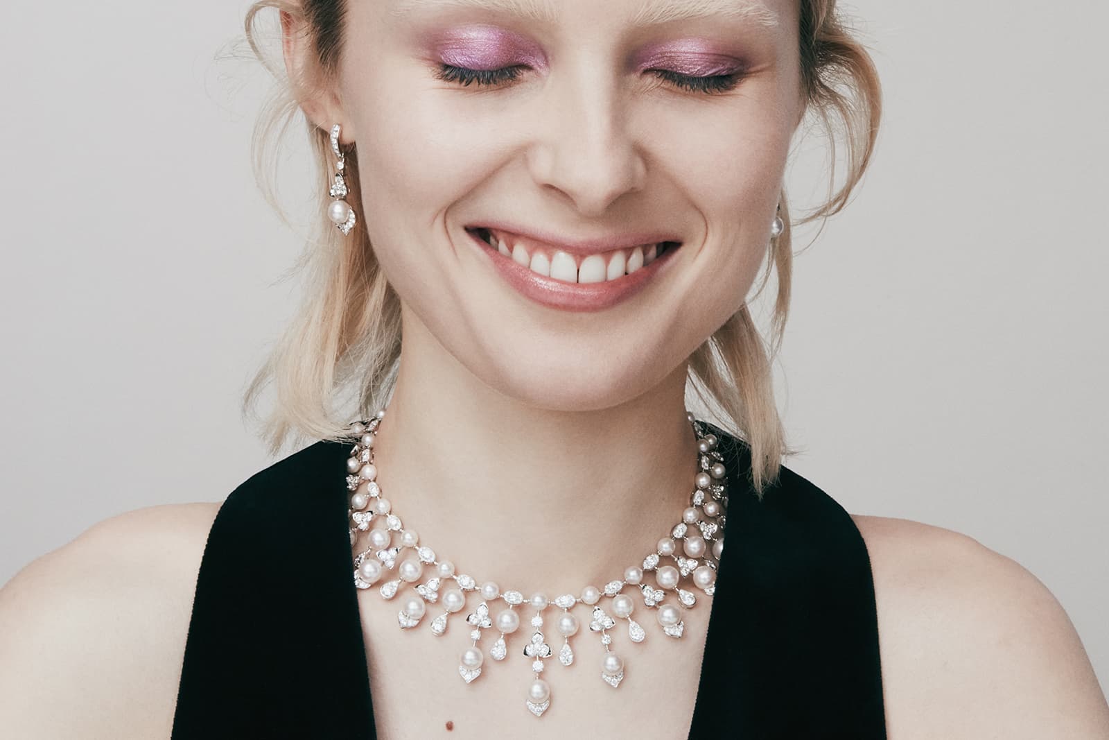 The David Morris Purity Trillium necklace and matching earrings from the Renaissance High Jewellery collection with 91 carats of diamonds and six carats of Akoya pearls 