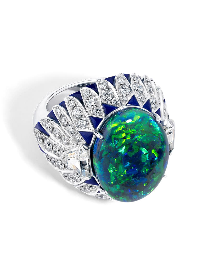  David Morris Renaissance High Jewellery collection Aura ring with Australian black opal, lapis lazuli and diamonds in white gold 