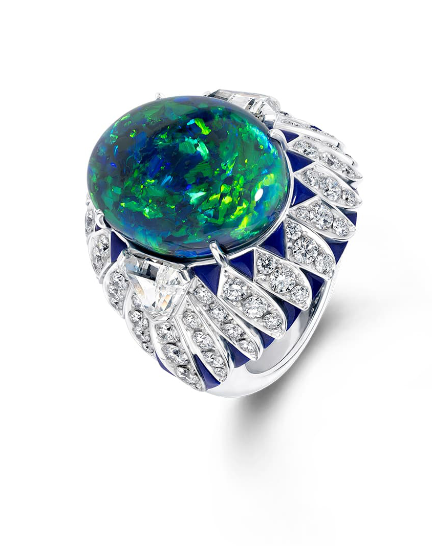  The David Morris Renaissance High Jewellery collection Aura ring features Australian black opal with flashes of green, lapis lazuli inlay, and round and triangular-cut diamonds in white gold