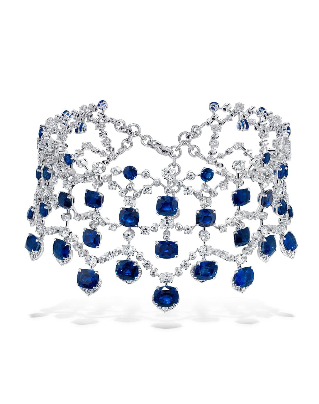  The David Morris Renaissance High Jewellery collection Lattice choker features sapphires and diamonds set in a lace-like framework of white gold