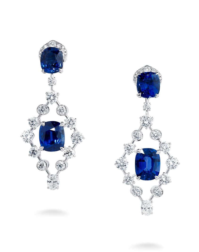 The David Morris Lattice drop earrings from the Renaissance High Jewellery collection with cushion-cut blue sapphires and diamonds