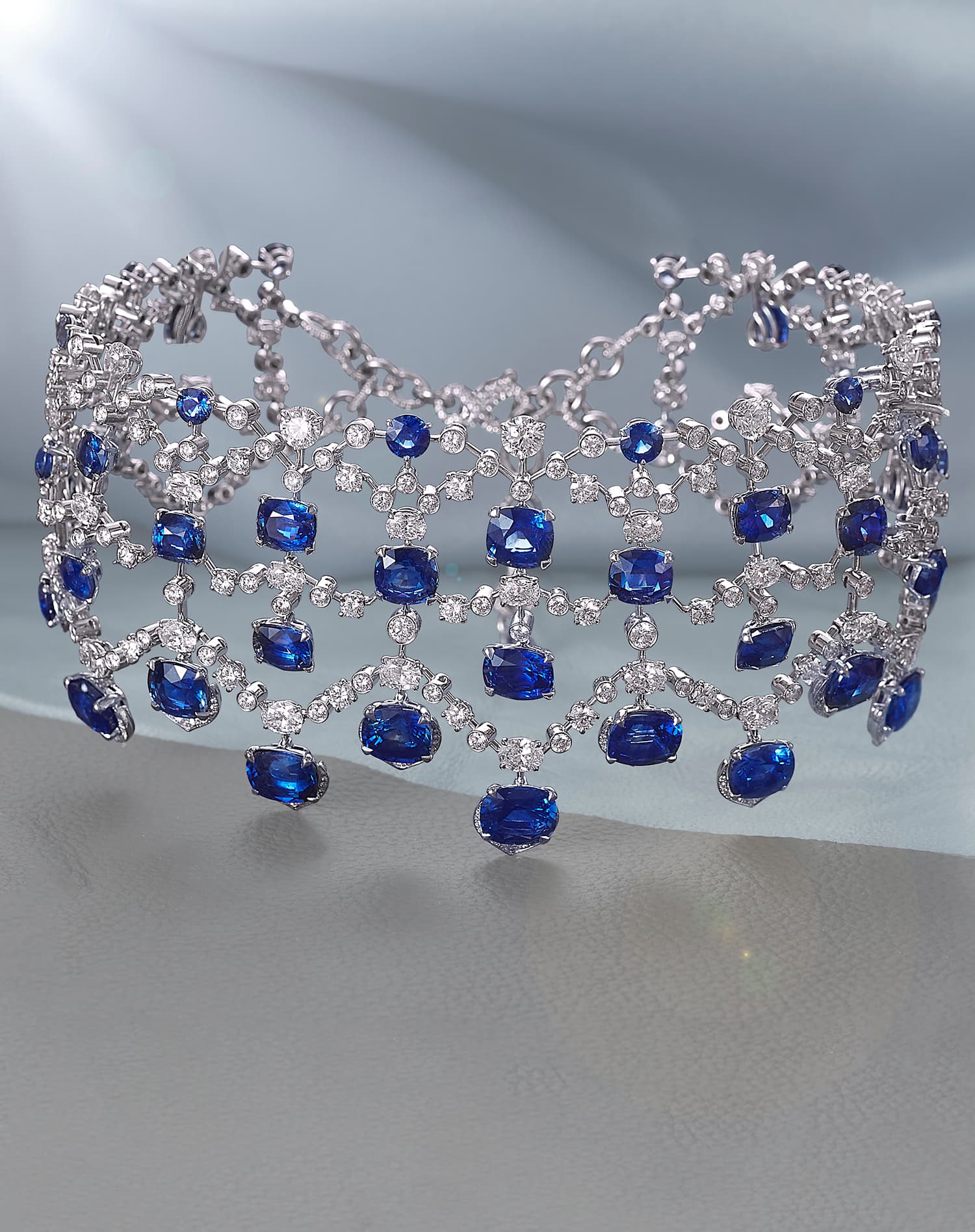 The David Morris Lattice choker from the Renaissance High Jewellery collection with 85 carats of pear, round and cushion-cut sapphires and 35 carats of diamonds