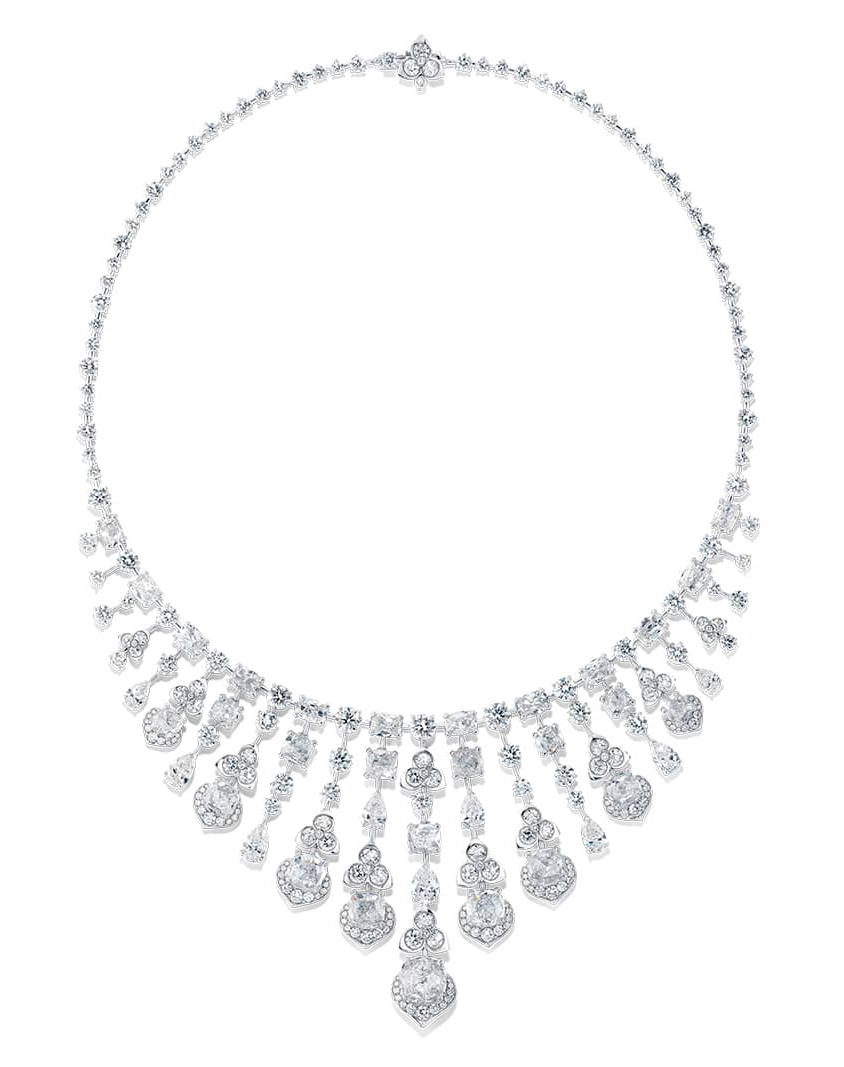  David Morris Renaissance High Jewellery collection Monsoon necklace with 46 carats of rose, oval, pear and round-cut white diamonds, set in white gold 