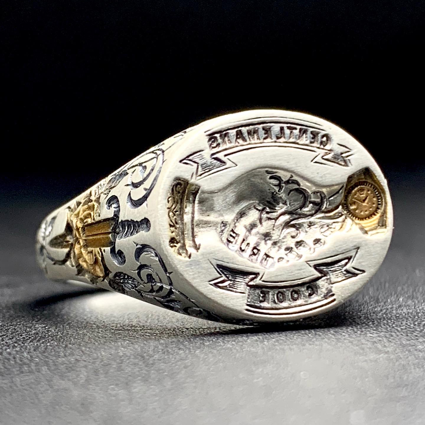  Przemyslaw Beres sterling silver 'Gentleman's Code' hand-engraved signet ring