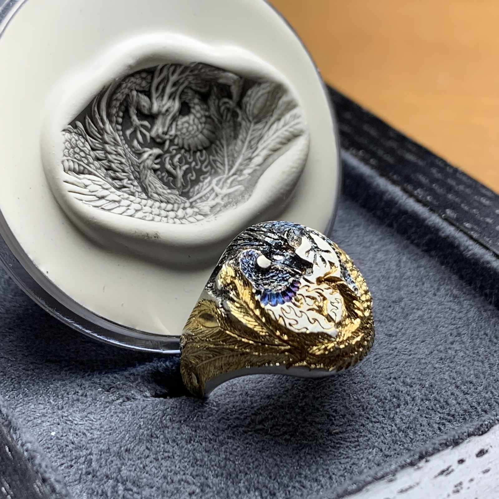  Przemyslaw Beres Dragon vs Phoenix hand engraved fable signature ring with seal impression
