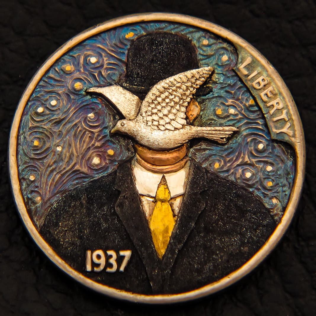  Joshua Ranger ‘Man with bowler hat’ hand-carved on a 1937 buffalo nickel with inlaid 24k gold, 18k rose gold, and silver