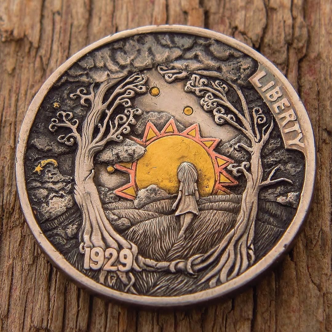 Joshua Ranger 'Early Dawn' hand engraved on an 1929 buffalo nickel with inlayed 24k gold and copper