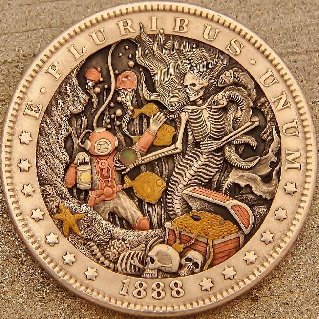  Joshua Ranger 'The Trap' hand-engraved on an 1888 Morgan dollar with inlayed 24k gold, 18k green gold, copper, opal, sapphire, and a pearl