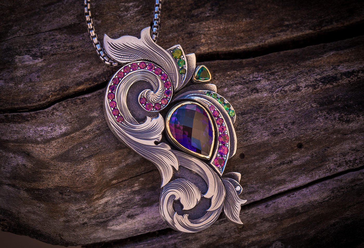 Engraved amethyst pendant by Nick Noyes of Noyes Designs