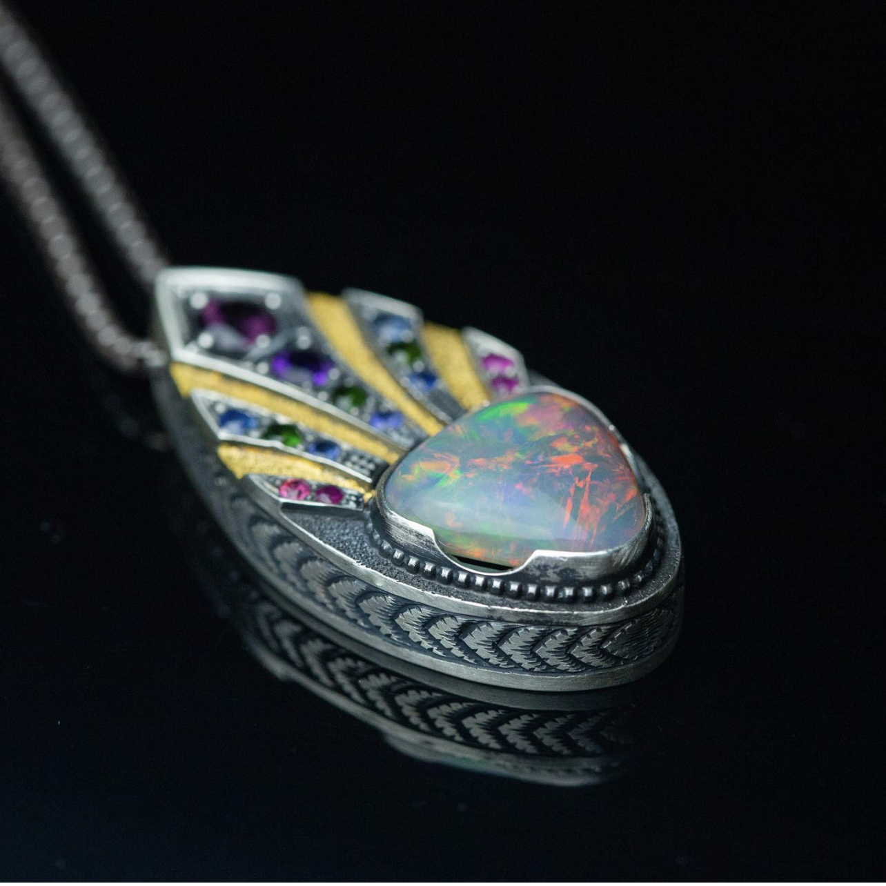  Opal and multi-coloured gemstones pendant with engraved setting by Nick Noyes of Noyes Designs 