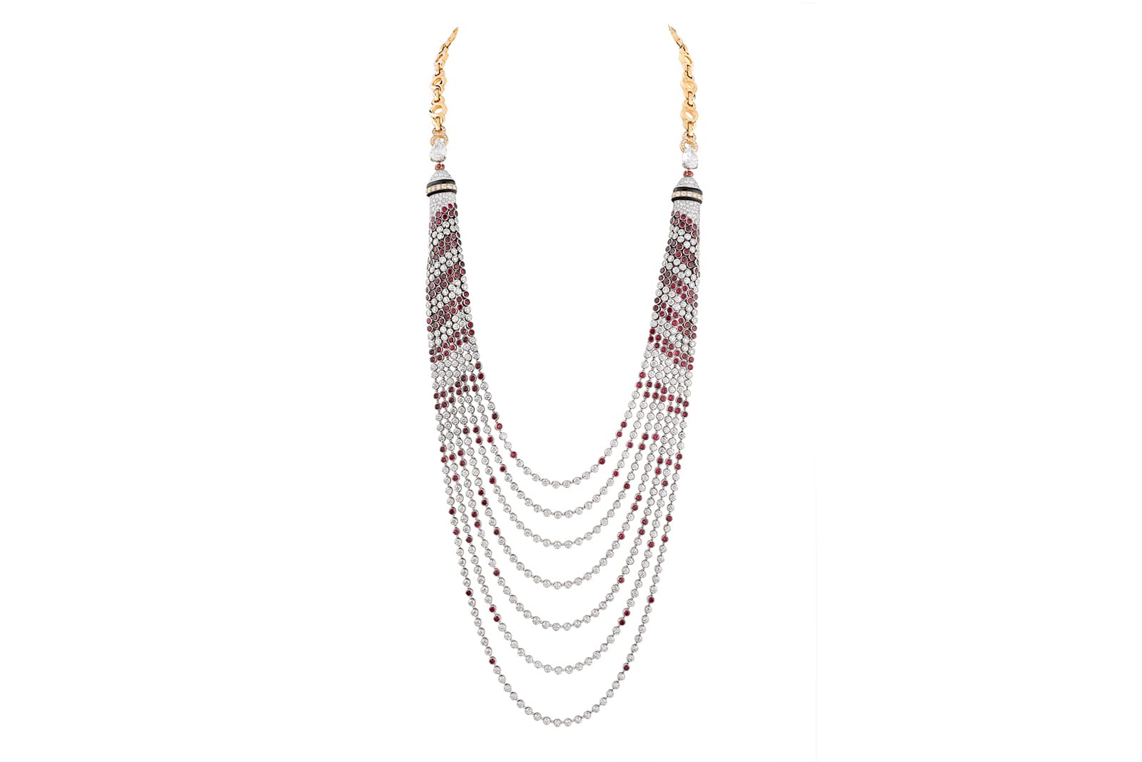 Chanel Escale à Venise High Jewellery Collection Volute Croisière necklace in yellow gold, white gold, diamonds, onyx and red spinels 