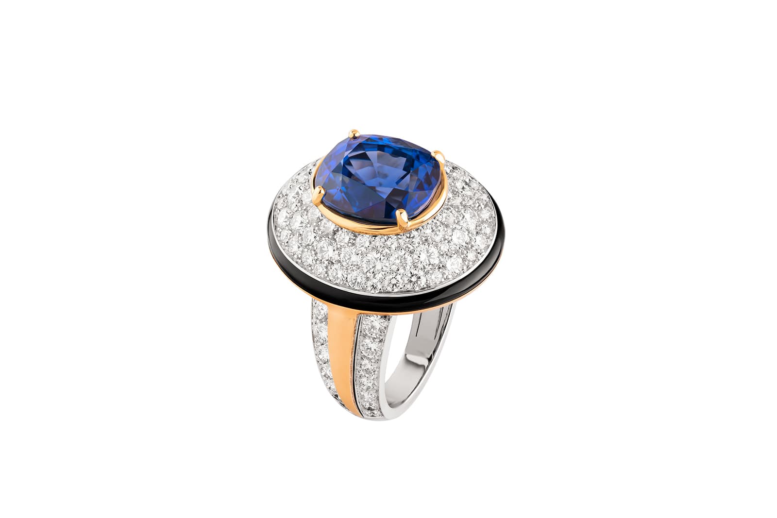  Chanel Escale à Venise High Jewellery Collection Volute Croisière ring in white gold, yellow gold, diamonds, sapphire and onyx