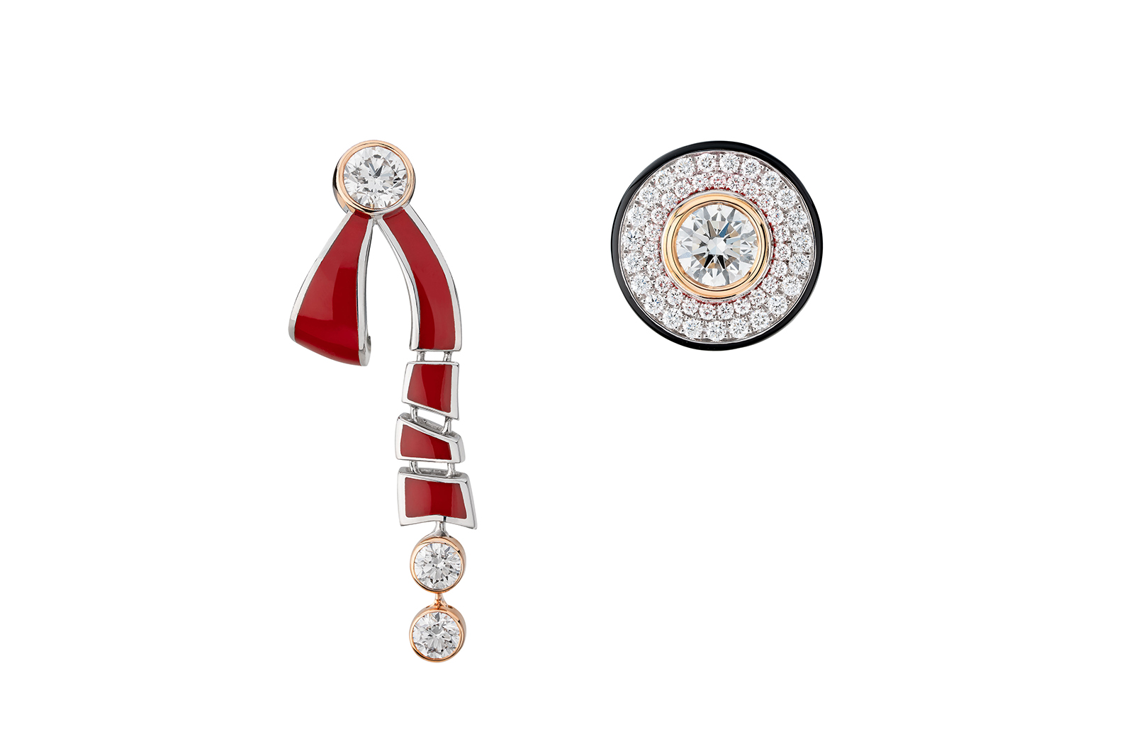  Chanel Escale à Venise High Jewellery Collection Ruban Canotier aysmmetric earrings in white gold, pink gold, diamonds and red and black lacquer