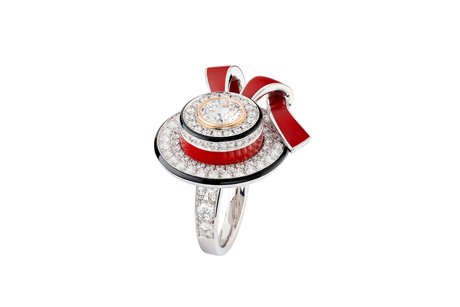  Chanel Escale à Venise High Jewellery Collection Ruban Canotier ring in white gold, pink gold, diamonds and red and black lacquer