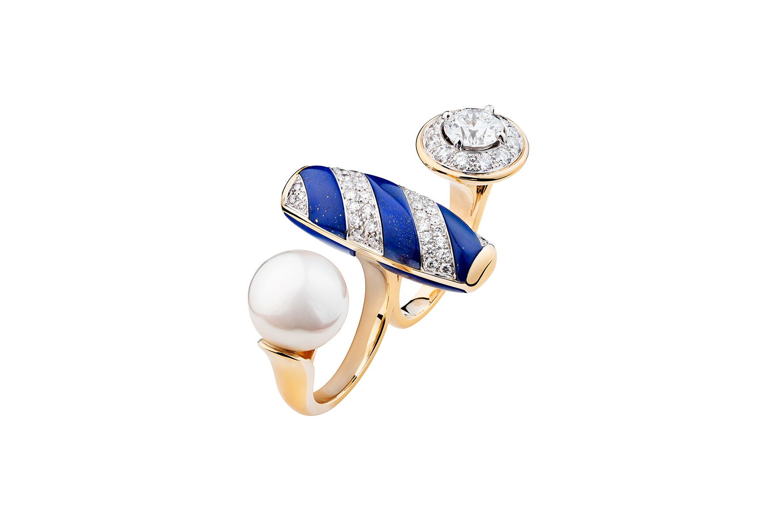  Chanel Escale à Venise High Jewellery Collection Volute Vénitienne two finger ring in white gold, yellow gold, diamonds, lapis lazuli and cultured pearl