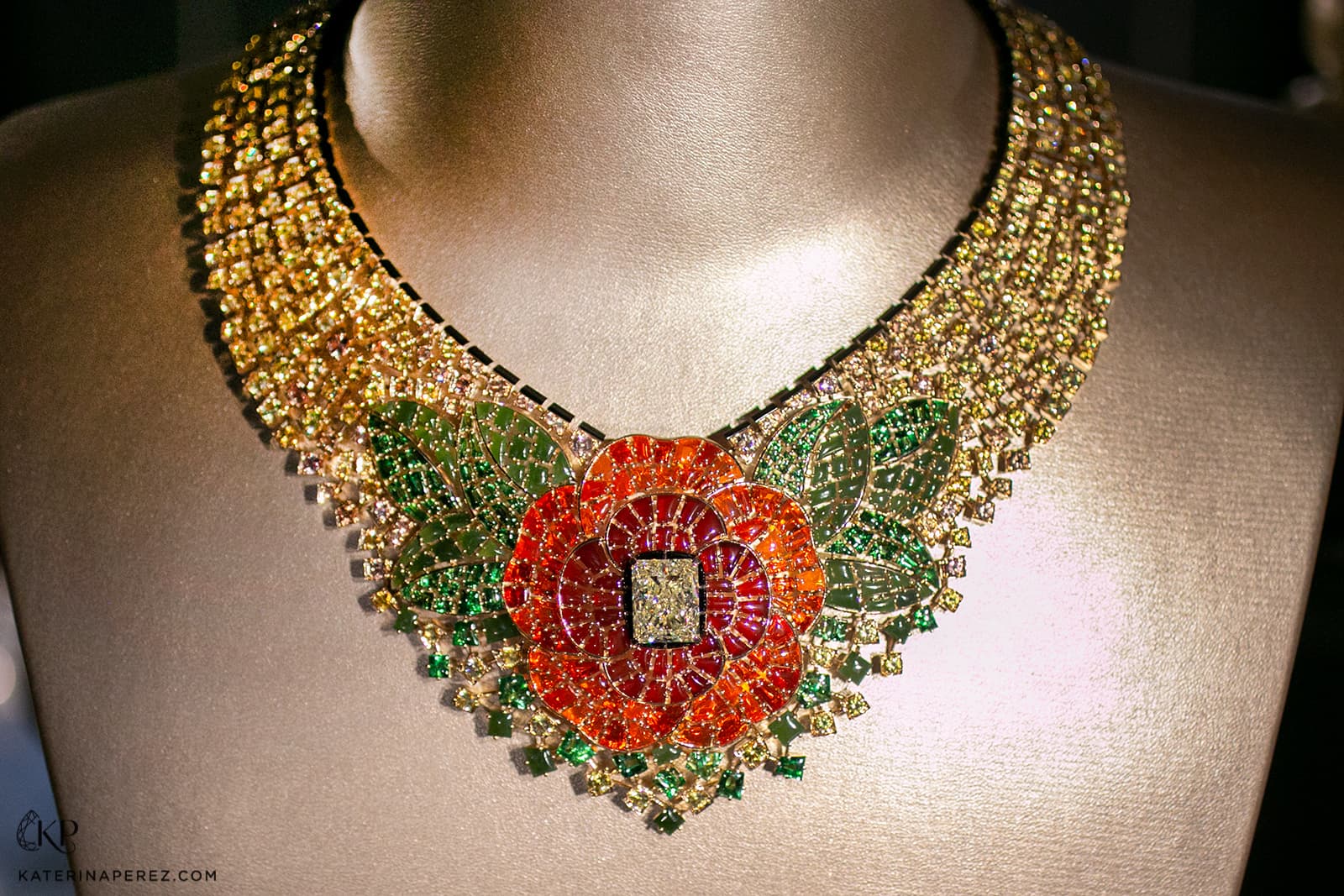 Camélia Byzantin necklace with yellow sapphires, carnelian, opals, tsavorite garnets, nephrite jade and onyx with a radiant-cut yellow diamond centre of 10.07 carats from the Chanel Escale à Venise High Jewellery Collection